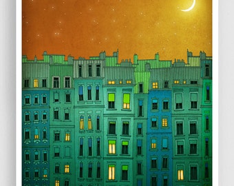 Golden night II. - Colorful Fine Art Print Parisian Architecture Illustration Stylish Wall Decor for Living Room Gift for Travel enthusiasts