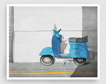 Vespa - Impresión de arte azul gris Dibujo arquitectónico Arte de viaje francés Arte de pared para decoración del hogar Regalo de estilo de vida parisino para francófilos