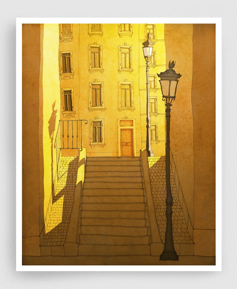 Morning Shine Paris illustration Montmartre Print Wall Art Parisian style Home decor Sunshine Yellow Colorful Original Unique Travel Gift image 1