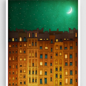 Midnight in Paris - Unique Modern Art Print Paris Decor French Interior Gift Travel Art Architectural Drawing Colorful Trendy Wall Art Home