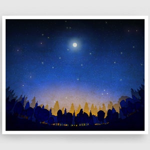 The secret of the night forest - Nature Fine Art Print Original Illustration Home Decor Kids Room Art Nursery Decor Night sky Stars Moon