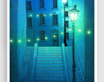 Night walking /blue - Colorful Montmartre Fine Art Print Paris Decor Travel Art Print Drawing Modern Wall Decor for Stylish Living Room