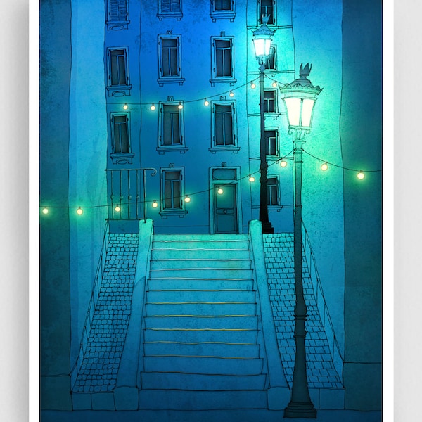 Night walking /blue - Colorful Montmartre Fine Art Print Paris Decor Travel Art Print Drawing Modern Wall Decor for Stylish Living Room