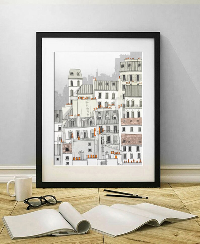 Paris Montmartre / white Grey Fine Art Print Illustration Paris Wall Art Modern Home Architectural Drawing Decor Europe Paris Travel Gifts image 6