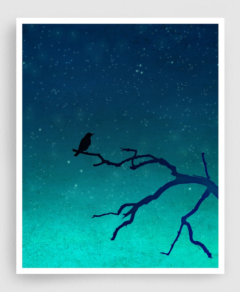 And then... only the silence remains /vertical Modern Illustration Art Print Unique Nature Art for the Home Love Night sky Dreamy bird image 1