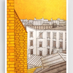 Sunny day in Paris Yellow Art Print Modern Wall Decor Paris City Drawing Gift for Travelers Parisian Wall Art Gifts Travel Art Print Tubidu image 1