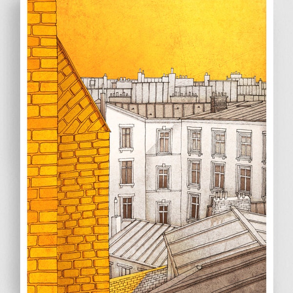Sunny day in Paris -Yellow Art Print Modern Wall Decor Paris City Drawing Gift for Travelers Parisian Wall Art Gifts Travel Art Print Tubidu