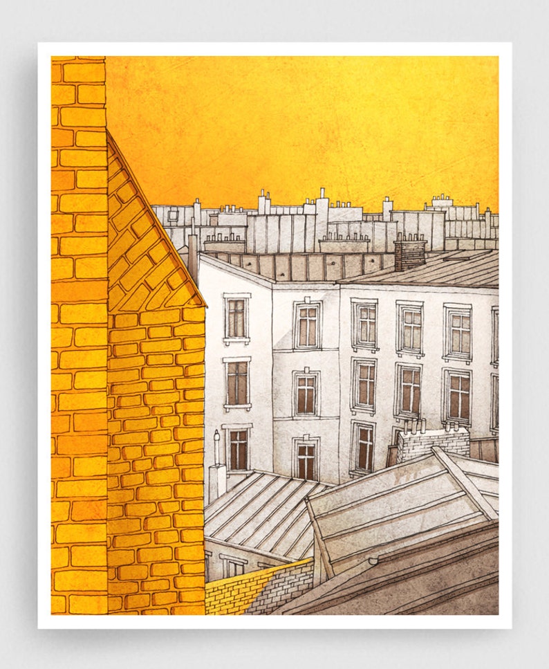 Sunny day in Paris Yellow Art Print Modern Wall Decor Paris City Drawing Gift for Travelers Parisian Wall Art Gifts Travel Art Print Tubidu image 1