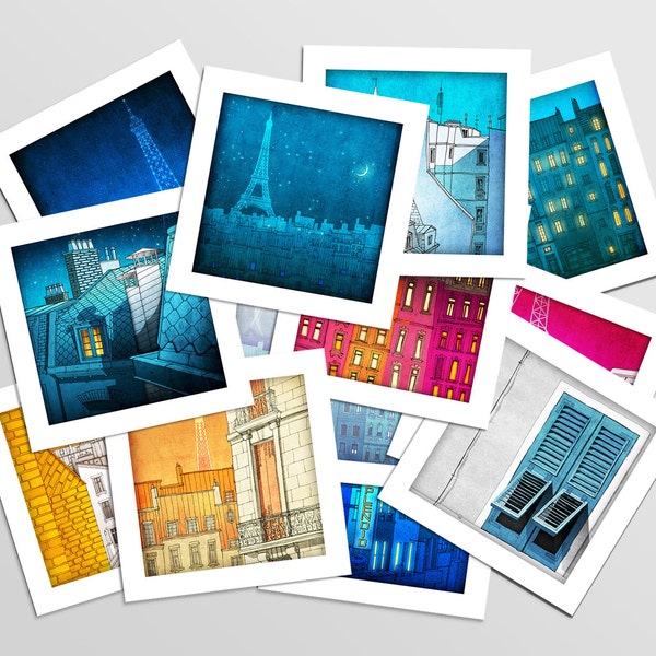 Paris Mini prints, Set of 12 - Fine art illustration Prints Paris art Wall art Paris home decor Living room art Gift ideas for her Colorful