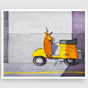 Vespa /yellow - Parisian Fine Art Print Original Illustration Colorful French Home Decor Travel Artwork Unique Wall Hanging Travelers Gift