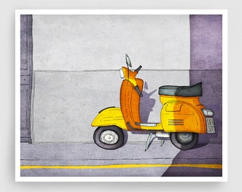 Vespa /yellow - Parisian Fine Art Print Original Illustration Colorful French Home Decor Travel Artwork Unique Wall Hanging Travelers Gift