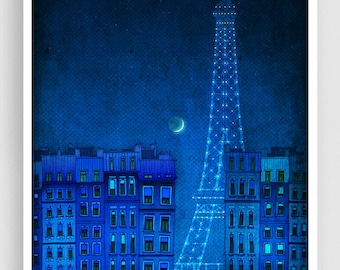 The lights of the Eiffel tower - Paris illustration Art illustration Art Poster Wall art Paris Home decor Living room art Blue Architecture