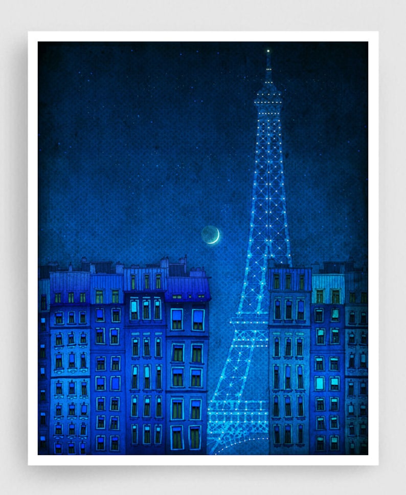 The lights of the Eiffel tower Colorful Parisian Fine Art Print Wall Decoration Modern Gift Europe Wall Art Paris Decor Travel Gifts Blue image 1