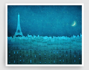The Eiffel tower in PARIS /landsc. - Paris Illustration Colorful Modern Wall Art European Architecture Travel Print Home Decor Paris Gifts