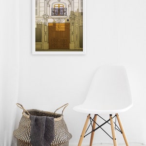 a picture of a room with a chair and a basket