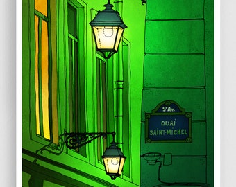 Quai Saint Michel (green) - Colorful Modern Architectural Art Print Parisian Illustration Wall Hanging Living Room Decor Gift Travel Artwork