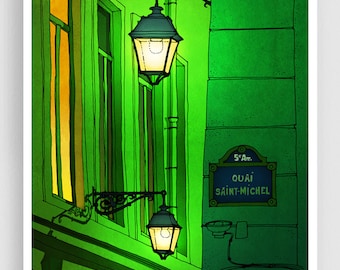 Quai Saint Michel (green) - Colorful Modern Architectural Art Print Parisian Illustration Wall Hanging Living Room Decor Gift Travel Artwork