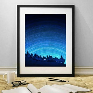 Earth calling /vertical Colorful Original Nature Illustration Nature Travel Poster Modern Wall Hanging Home Decor for Travelers Night sky image 3