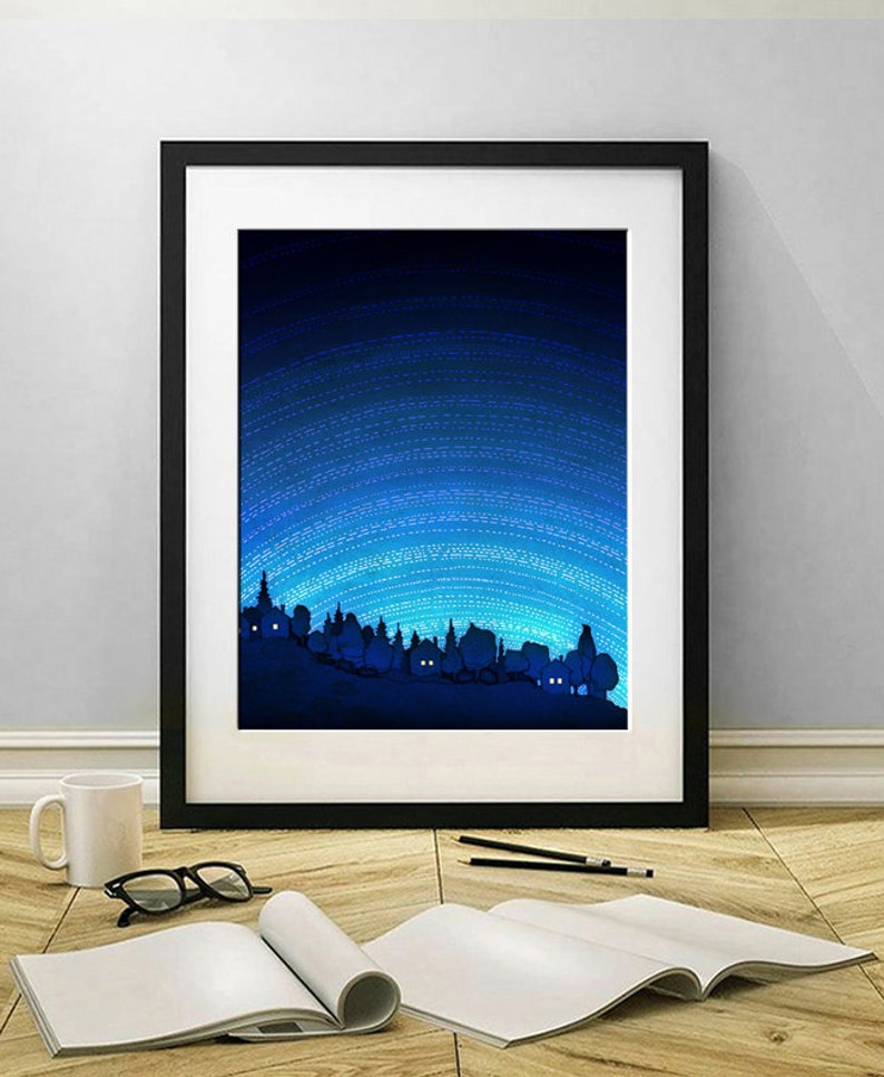 Earth calling /vertical Colorful Original Nature Illustration Nature Travel Poster Modern Wall Hanging Home Decor for Travelers Night sky image 3