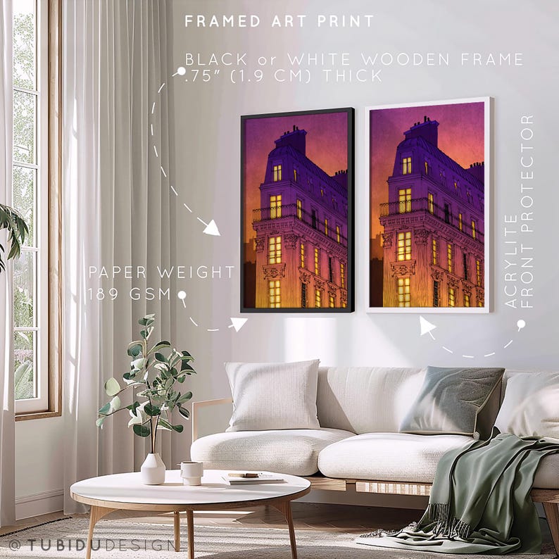 a living room with a white couch and two paintings on the wall