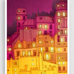 Montmartre at night - Colorful Illustration Parisian Modern Art Poster Wall Hanging for Stylish Home Decor Gift Travel Artwork Paris Lights