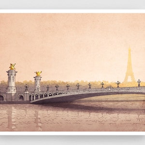 Pont Alexandre III - Colorful Original Fine Art Print Paris Decor Travel Art Print Architectural Drawing Modern Wall Decor for Living Room