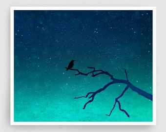 And then... only the silence remains - Colorful Modern Art Print Nature Wall Decor Illustration Drawing Home Gift Love Night sky Dreamy bird