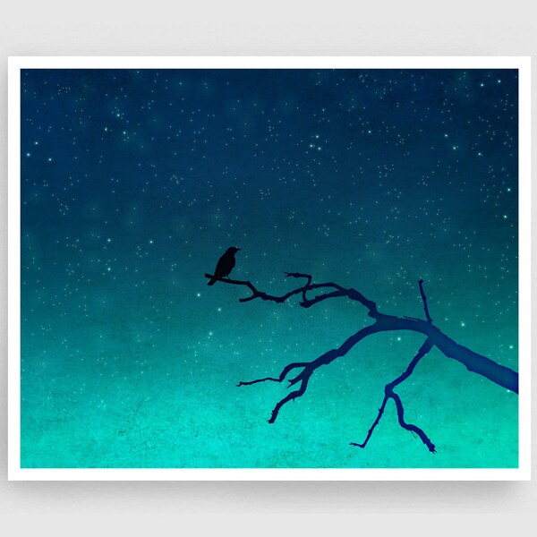 And then... only the silence remains - Colorful Modern Art Print Nature Wall Decor Illustration Drawing Home Gift Love Night sky Dreamy bird