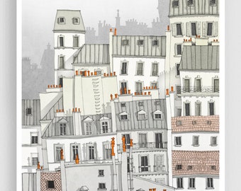 Paris, Montmartre - Paris illustration Paris Art Prints Posters Home decor  Gift ideas for her Modern  drawing White