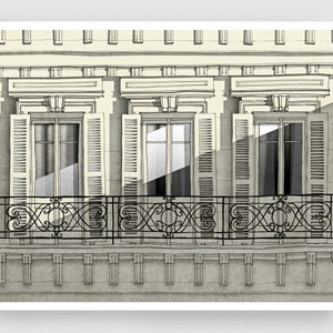 Paris balcony - Grey Modern Art Print Parisian style Wall Decor Parisian Travel Illustration Architectural Drawing Trendy Home Gift Tubidu