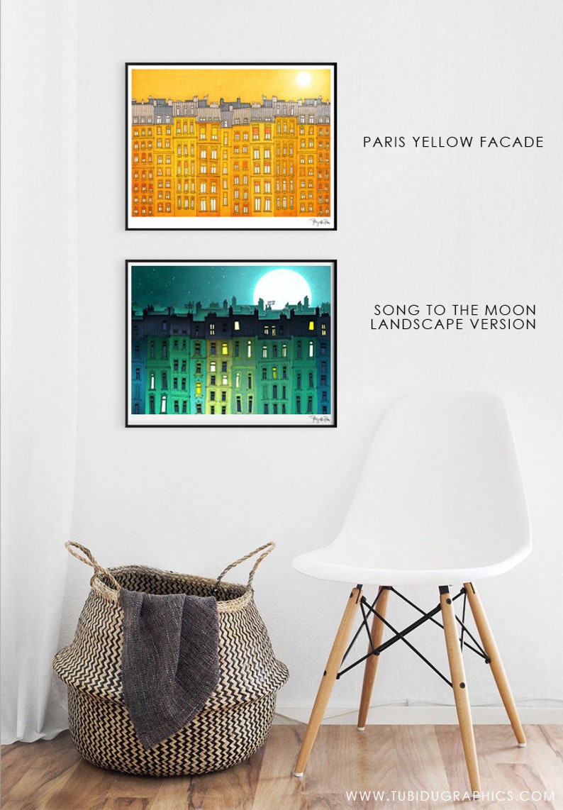 Song to the Moon landsc. Art Print Paris art Kids Room Poster Colorful Illustration Print Moonlight Wall Art Home Decor Original Gift image 6