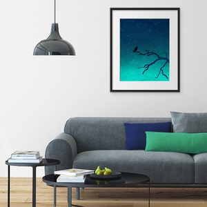 And then... only the silence remains /vertical Modern Illustration Art Print Unique Nature Art for the Home Love Night sky Dreamy bird image 2