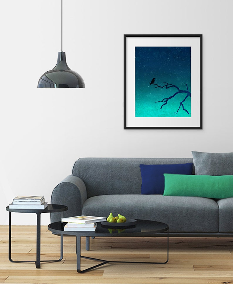 And then... only the silence remains /vertical Modern Illustration Art Print Unique Nature Art for the Home Love Night sky Dreamy bird image 2