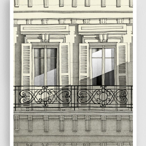 Paris balcony (vertical) - Original Art Print Parisian Illustration Unique Gift French Home Decor Parisian windows Modern Wall Hanging Grey