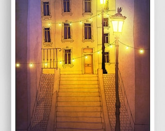 Night walking /purple-yellow - Giclée Art Print Original Illustration Unique Colorful France Home Decor Paris Gift for Travelers Paris Gifts