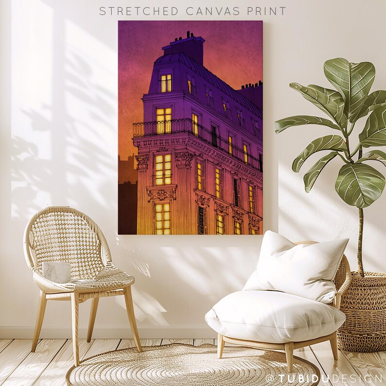 a painting of a building lit up at night