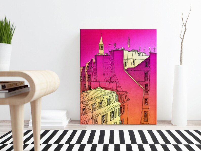 a painting of a cityscape with a pink sky