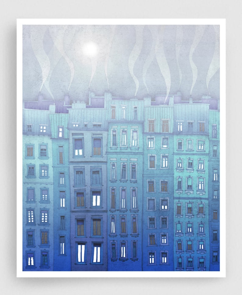 Foggy day in Paris Original Illustration Colorful Modern Drawing Europe Architecture Travel Print Home Decor Wall Hanging Gift Paris Gifts image 1