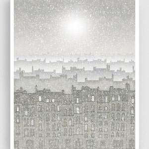 Walking with Angels - Grey Parisian Fine Art Illustration Print Architectural Drawing Wall Hanging Gift Travelers Paris Gifts Travel Artwork