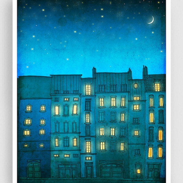 You are not alone /vertical - Colorful Original Wall Art Print Europe Unique French Home Decor Parisian Illustration Gift for Travelers Blue