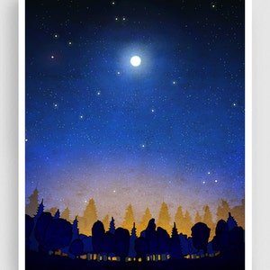 The secret of the night forest /vertical - Colorful Nature Art Poster Illustration Nature Wall Art Nature Art Kids Room Decor Night sky Moon