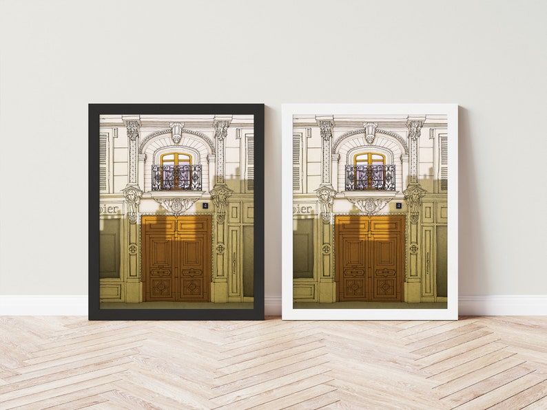 two framed photographs of a building with a door