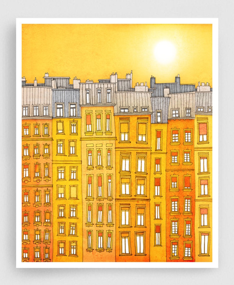 Yellow facade Colorful Modern Art Print Parisian Illustration Unique Wall Decor Gift for Her Trendy Home Decor France Paris Houses Tubidu image 1