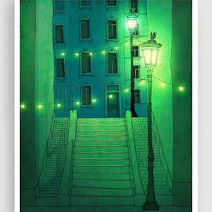 Night walking - Paris illustration Montmartre Art illustration Giclee print   Home decor Wall art  print Green Blue