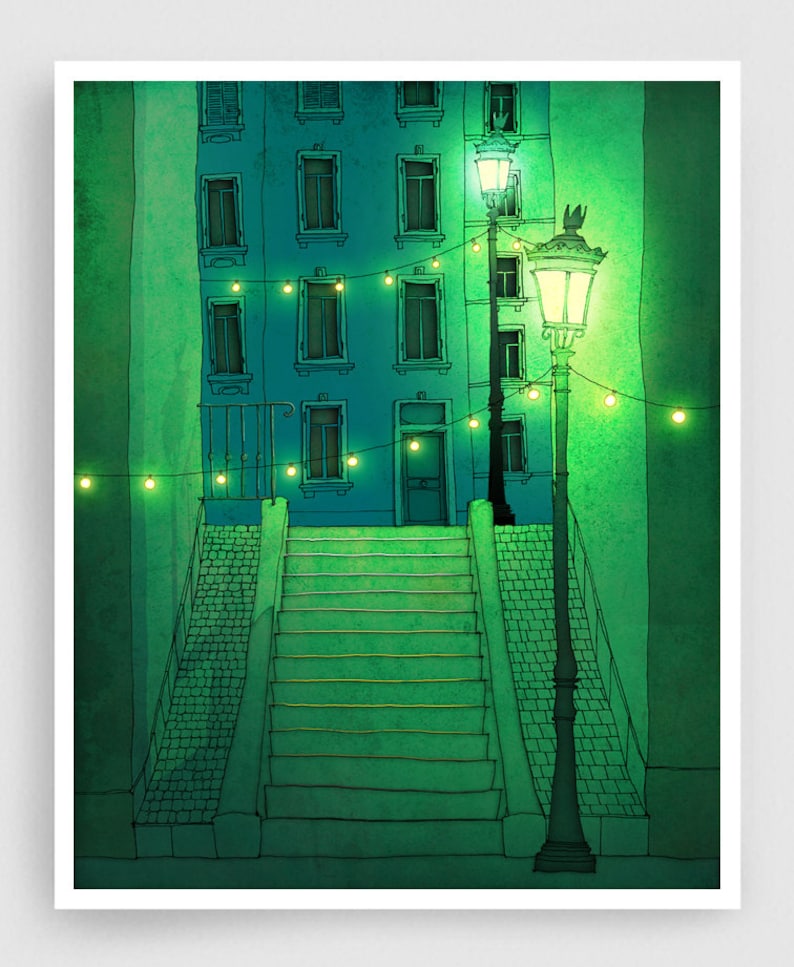 Night walking Paris illustration Montmartre Art illustration Giclee print Home decor Wall art print Green Blue image 1