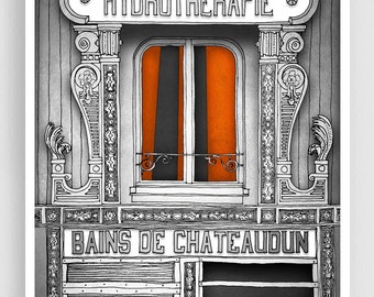 Hydrotherapie /grey - Grey Paris Fine Art Illustration Giclée Print Wall Hanging Travelers Gift Travel Artwork Wall Art for the Home Tubidu