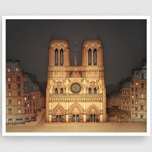 Notre Dame (landsc., night) - Parisian Illustration Print Modern Wall Art French Architectural Drawing Stylish Home Decor Unique Travel Gift