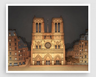 Notre Dame (landsc., night) - Parisian Illustration Print Modern Wall Art French Architectural Drawing Stylish Home Decor Unique Travel Gift