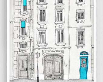 The magic door /vertical - Fine Art Illustration Print Home Decor Colorful Parisian Architectural Drawing Wall Hanging Travelers Paris Gifts