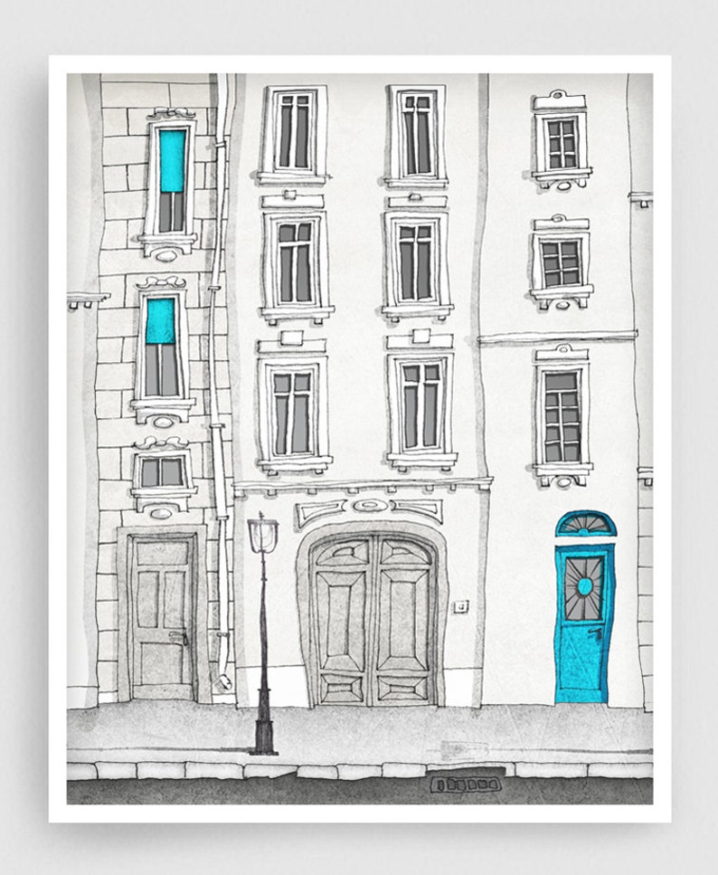 The magic door /vertical Fine Art Illustration Print Home Decor Colorful Parisian Architectural Drawing Wall Hanging Travelers Paris Gifts image 1